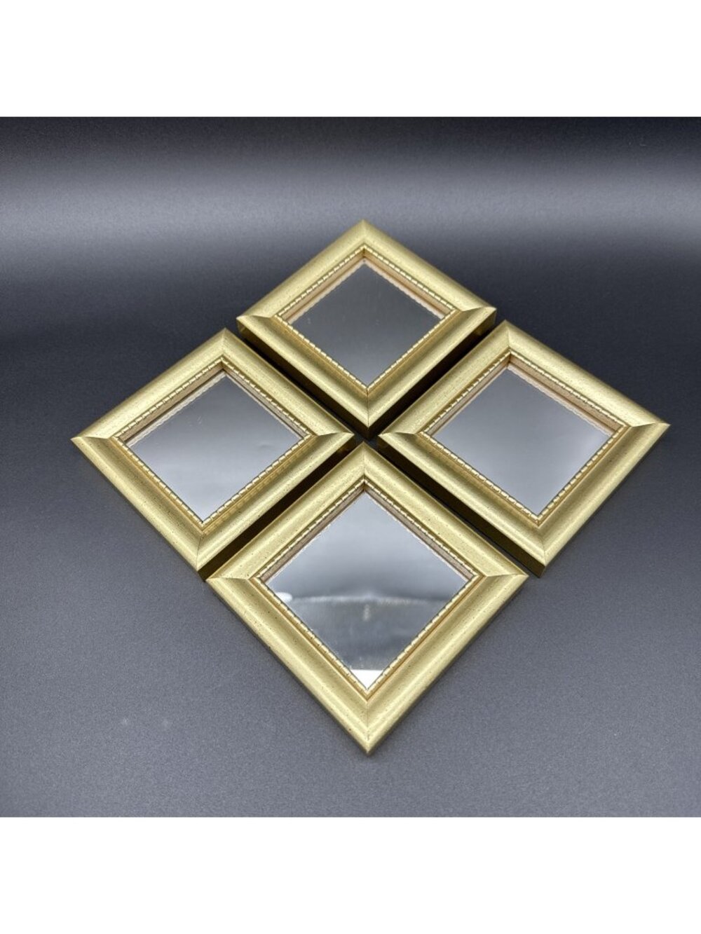 Vintage 90’s Y2K Gold Wood Mini 4” Square Hanging Wall Mirror Set Of 4